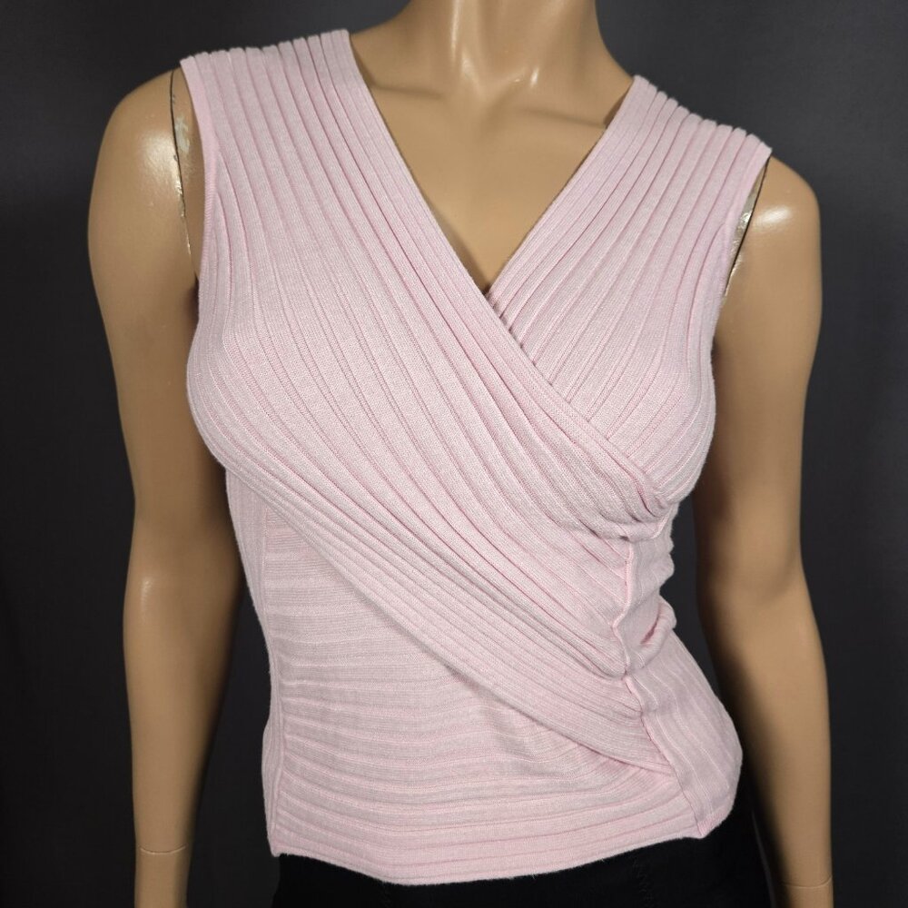 Y2K Pink Sleeveless Ribbed Knit Tank Top Womens S Coquette Crossover V Neck